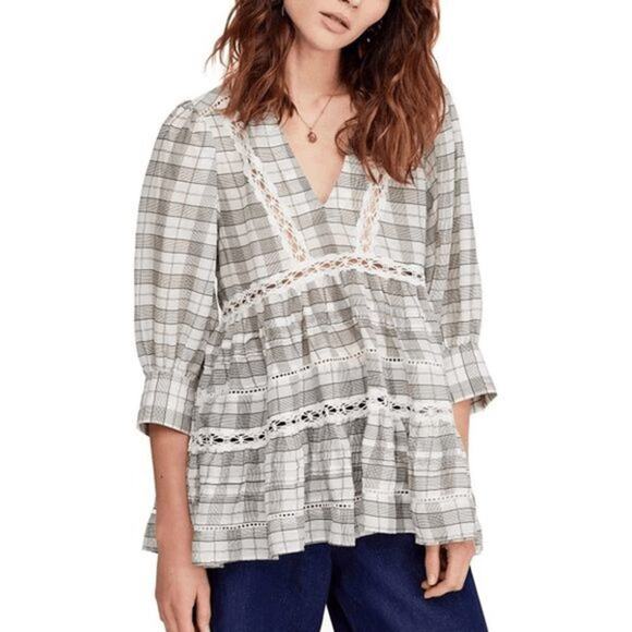 Free People Time Out Lace Tunic Ivory Eyelet V-Neck 3/4 Sleeves Medium - Picture 1 of 12